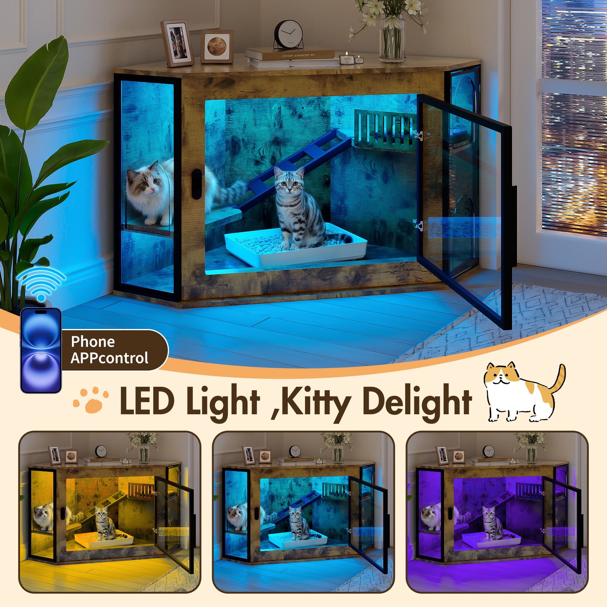 48 Corner Cat Litter Box Enclosure, Modern Hidden Litter Box Corner Cabinet With Acrylic Door And LED Light, Cat House With Playground And Stairs, Tiger