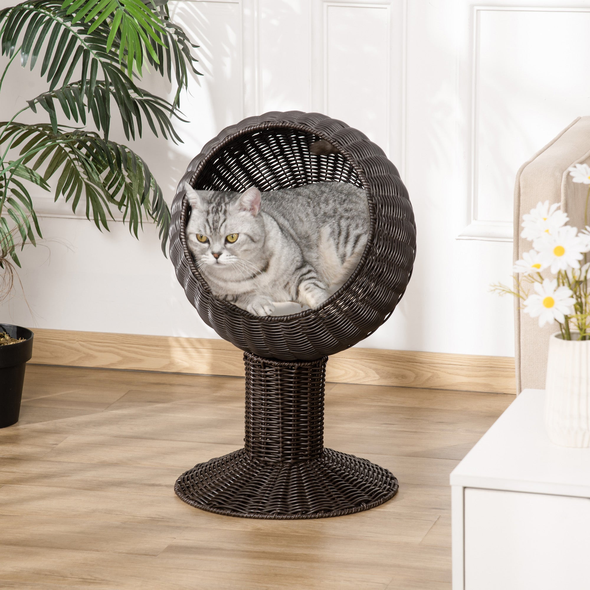Elevated Cat Bed with Rotatable Egg Chair Pod, Cat Basket Bed with Thick Cushion,