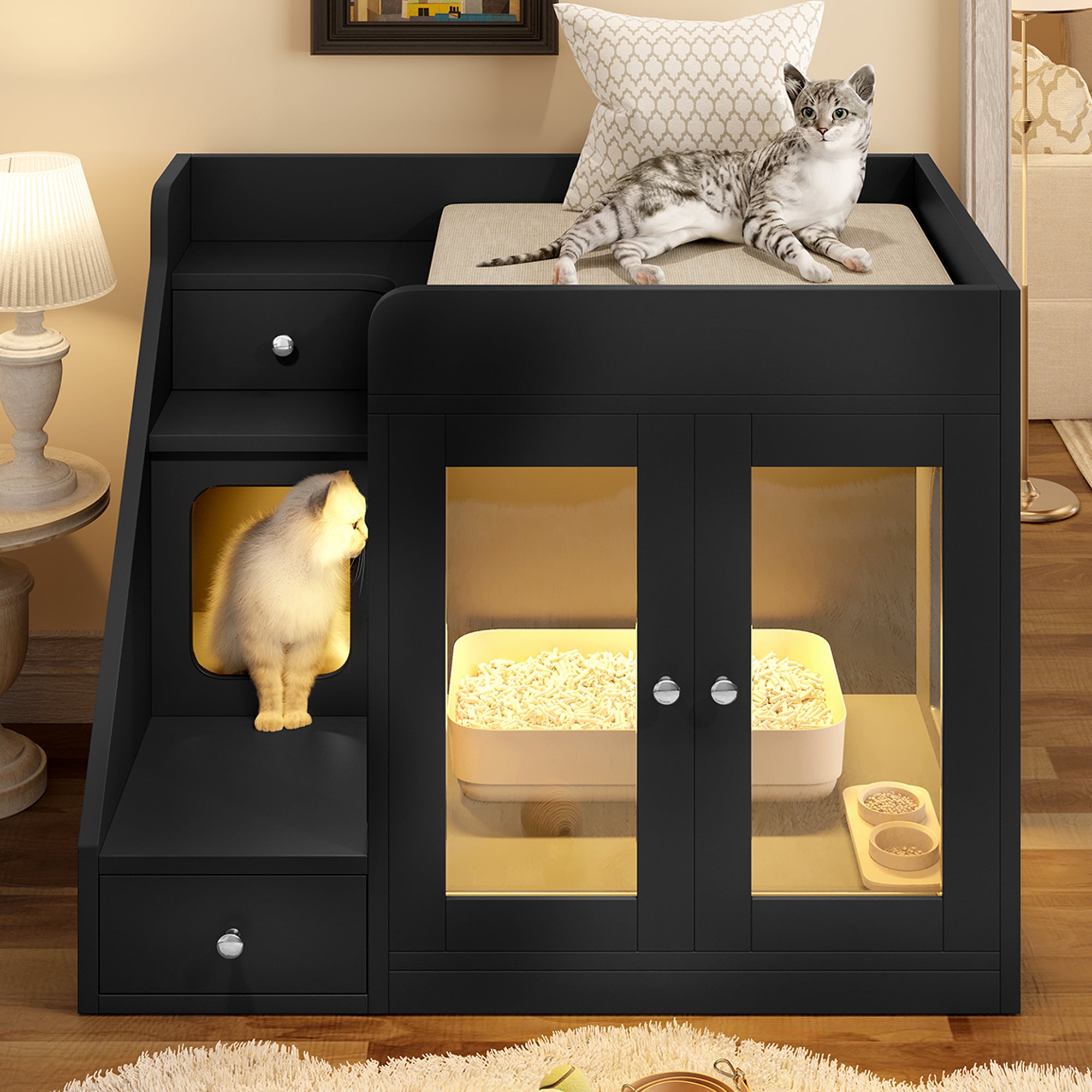 GO Cat Litter Box Enclosure With Light , Hidden Litter Box Furniture With 2 Storage Drawers, Indoor Cat House Side Table For Living Room, Black