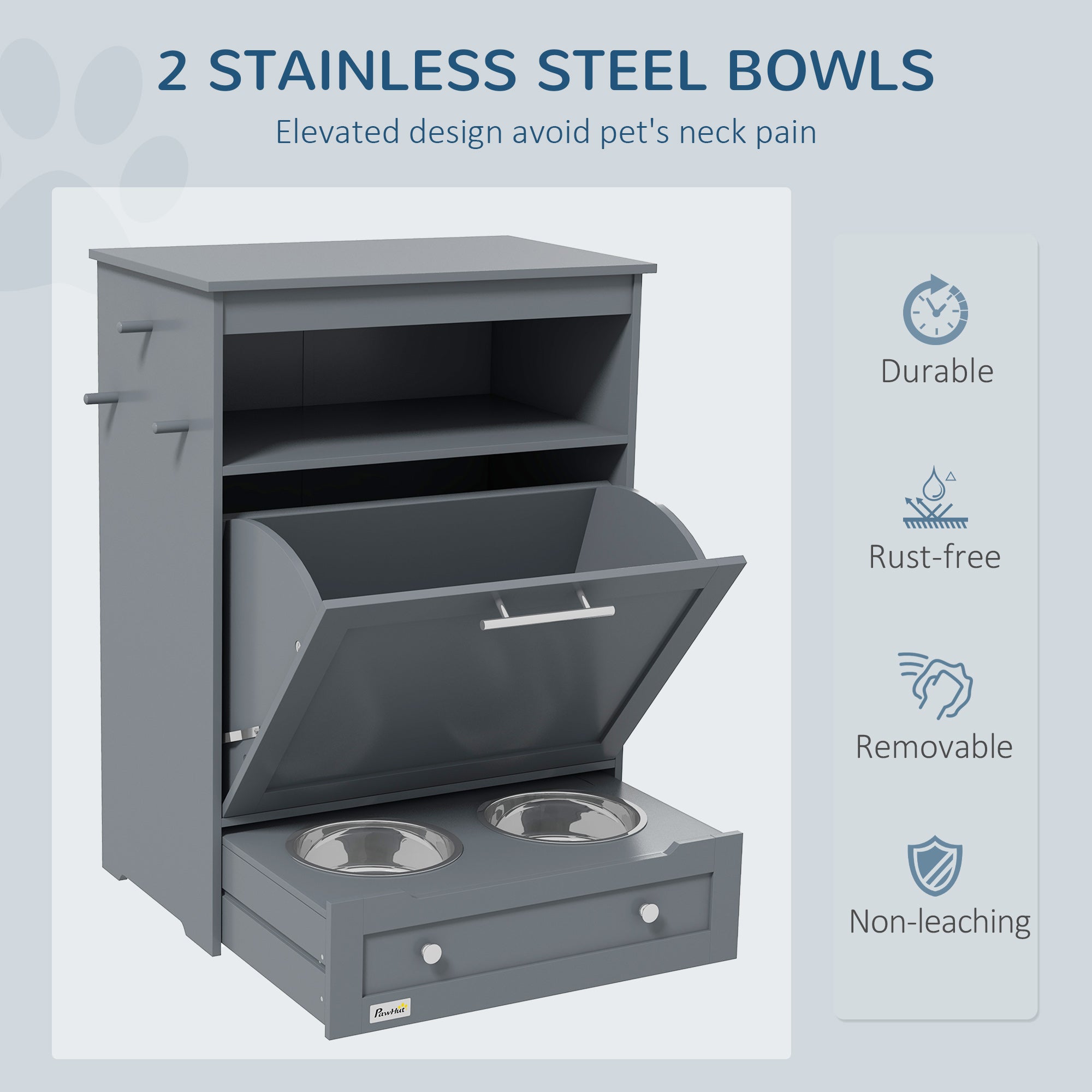 PawHut Pet Feeder Station, Dog, Cat Storage Container, With Raised Bowls,