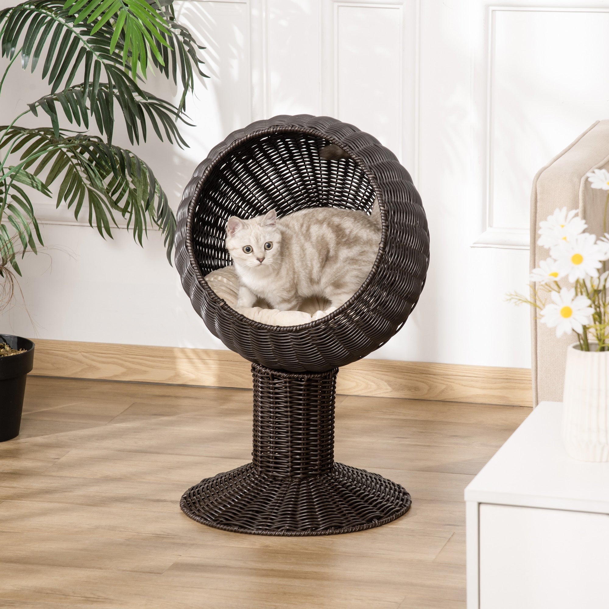 Rattan Wicker Elevated Cat Bed with Cushion