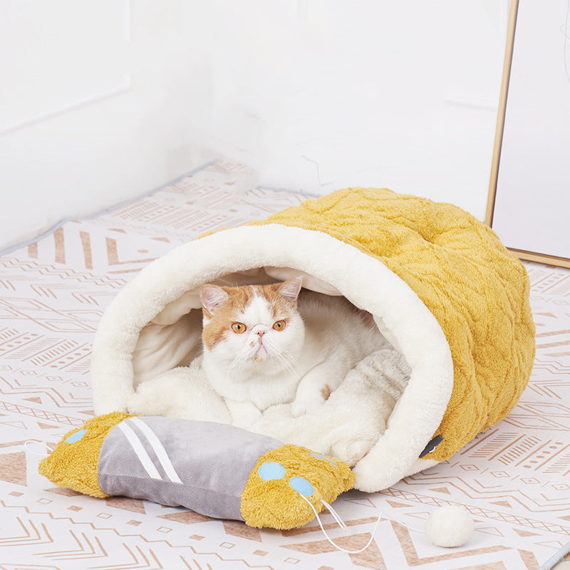 Artic Velvet Cat Nest Cave Bed With Pillow And Separate Sleeping Pad