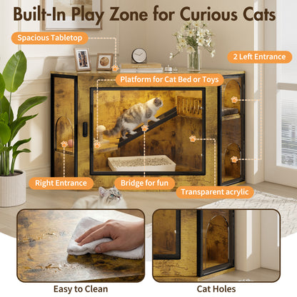 48 Corner Cat Litter Box Enclosure, Modern Hidden Litter Box Corner Cabinet With Acrylic Door And LED Light, Cat House With Playground And Stairs, Tiger