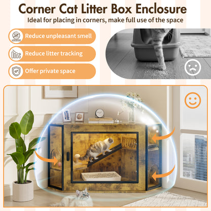 48 Corner Cat Litter Box Enclosure, Modern Hidden Litter Box Corner Cabinet With Acrylic Door And LED Light, Cat House With Playground And Stairs, Tiger