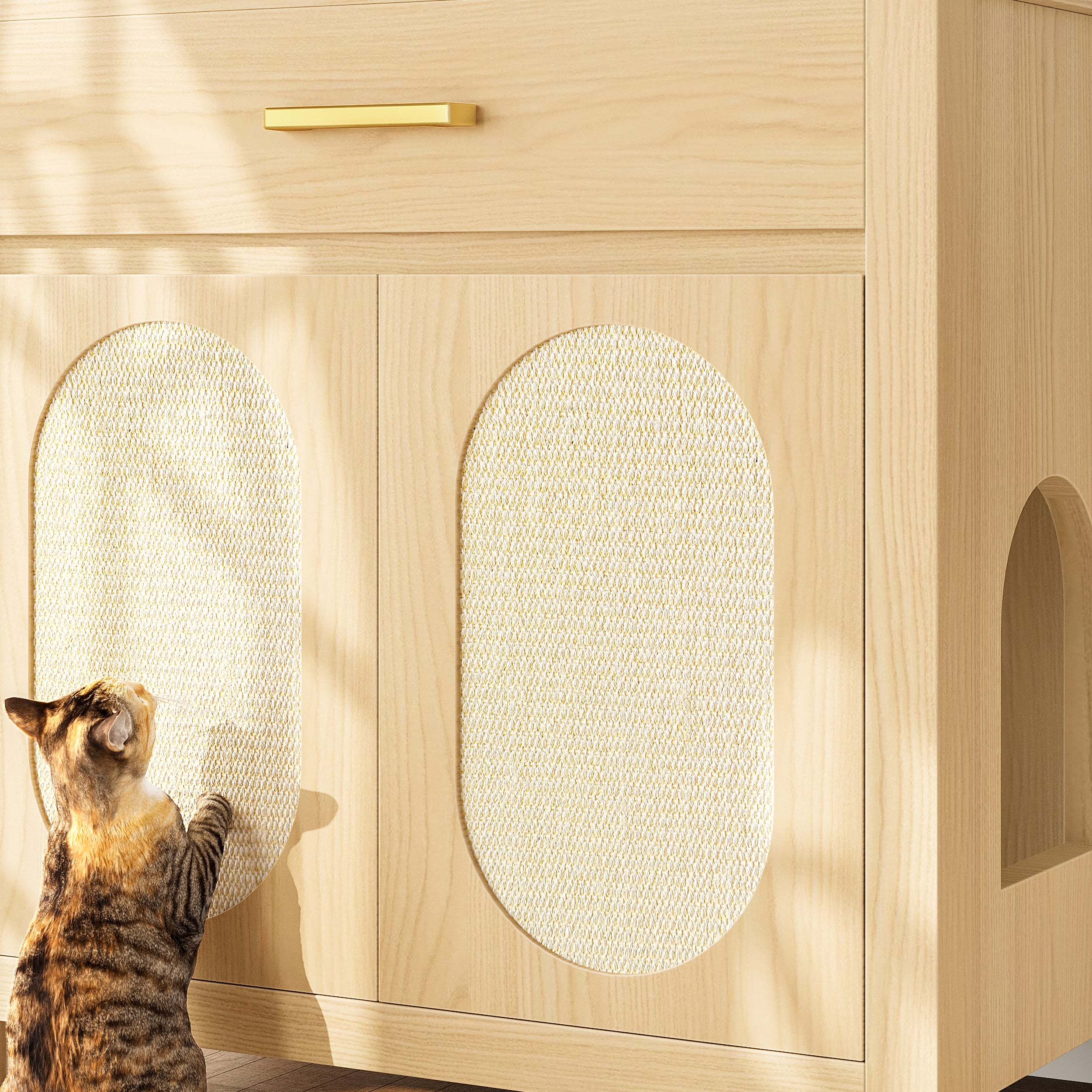 Cat Litter Box Enclosure, Hidden Cat Litter Box Furniture With Scratching Board Doors And Storage Drawer, Wooden Washroom Cat House Table Nightstand Box Cabinet, Natural