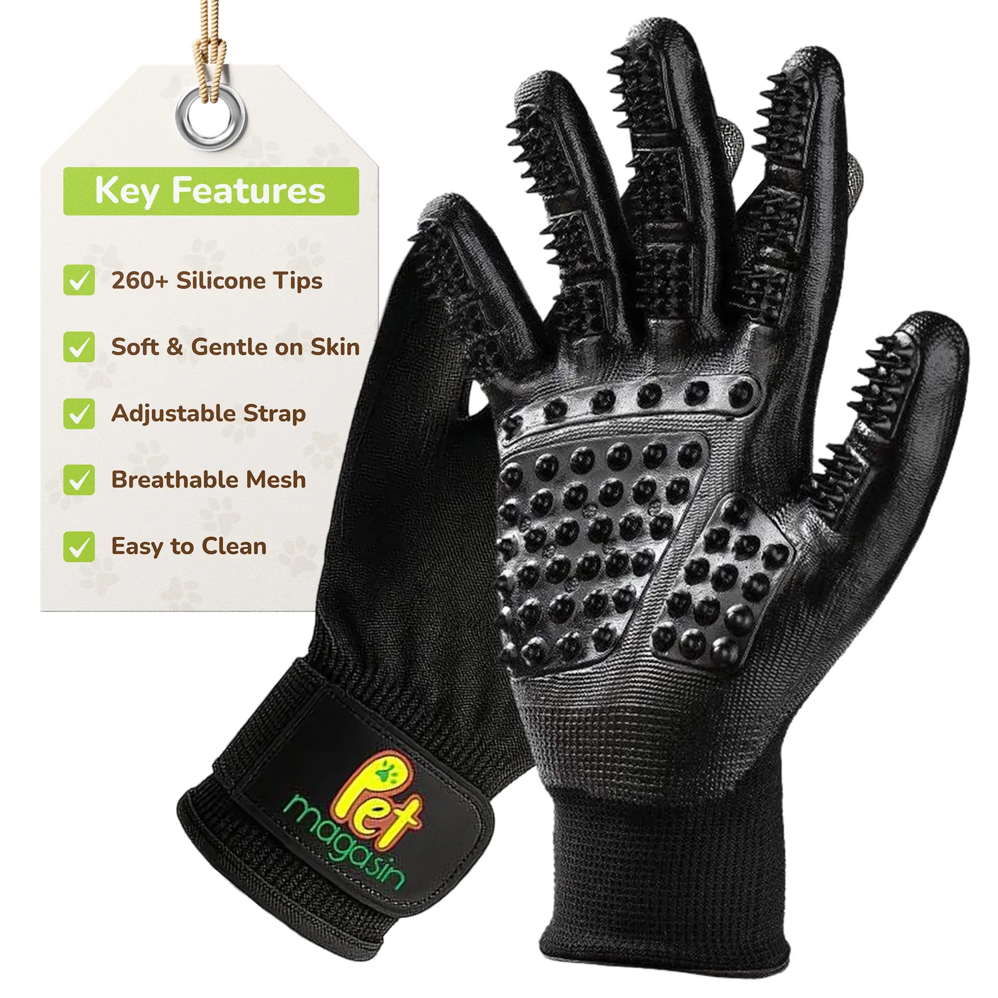 Pet Magasin Pet Grooming Gloves - Shedding & Bathing Mitts for Dogs Cats Horses & Other Animals with 260+ Silicone Tips Adjustable Velcro Straps & Ergonomic Design