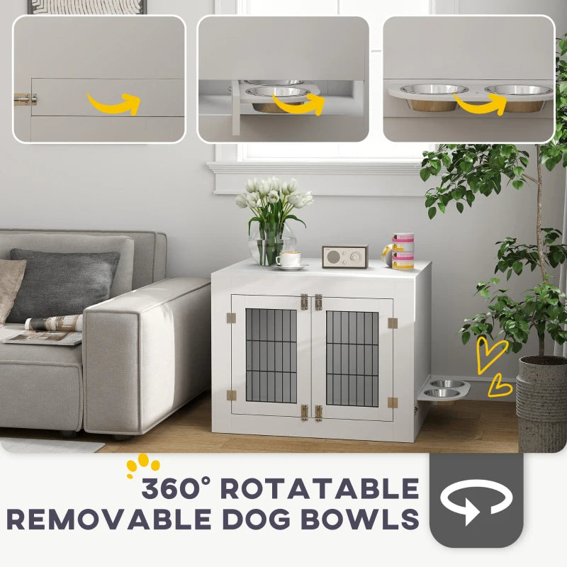 PawHut Dog Crate Furniture With 360 Rotatable Removable Dog Bowls,