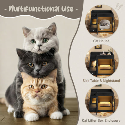 GO Cat Litter Box Enclosure With  Light , Hidden Litter Box Furniture With 2 Storage Drawers, Indoor Cat House Side Table For Living Room, Black