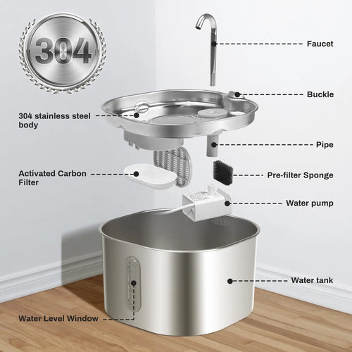 2.2L Stainless Steel Cat Water Fountain with LED Water Level Window, Quiet Drinking Fountain Pet Water Dispenser for Cats & Small Dogs