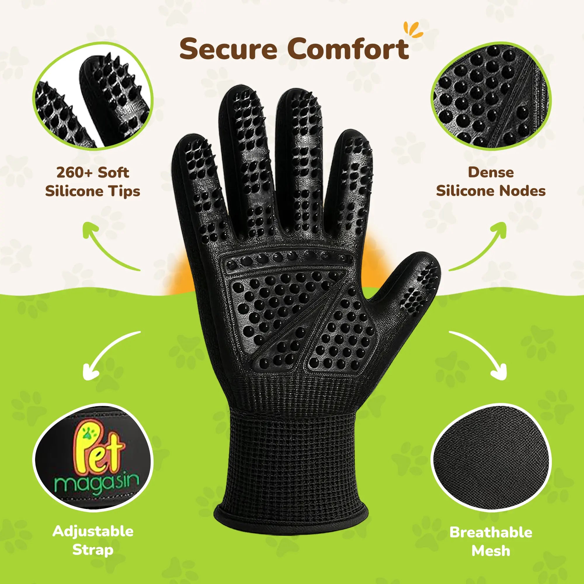 Pet Magasin Pet Grooming Gloves - Shedding & Bathing Mitts for Dogs Cats Horses & Other Animals with 260+ Silicone Tips Adjustable Velcro Straps & Ergonomic Design