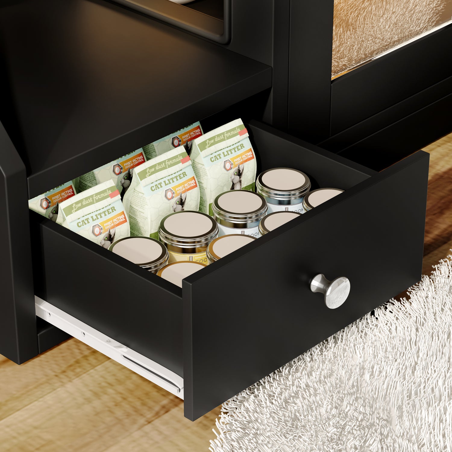 GO Cat Litter Box Enclosure With  Light , Hidden Litter Box Furniture With 2 Storage Drawers, Indoor Cat House Side Table For Living Room, Black