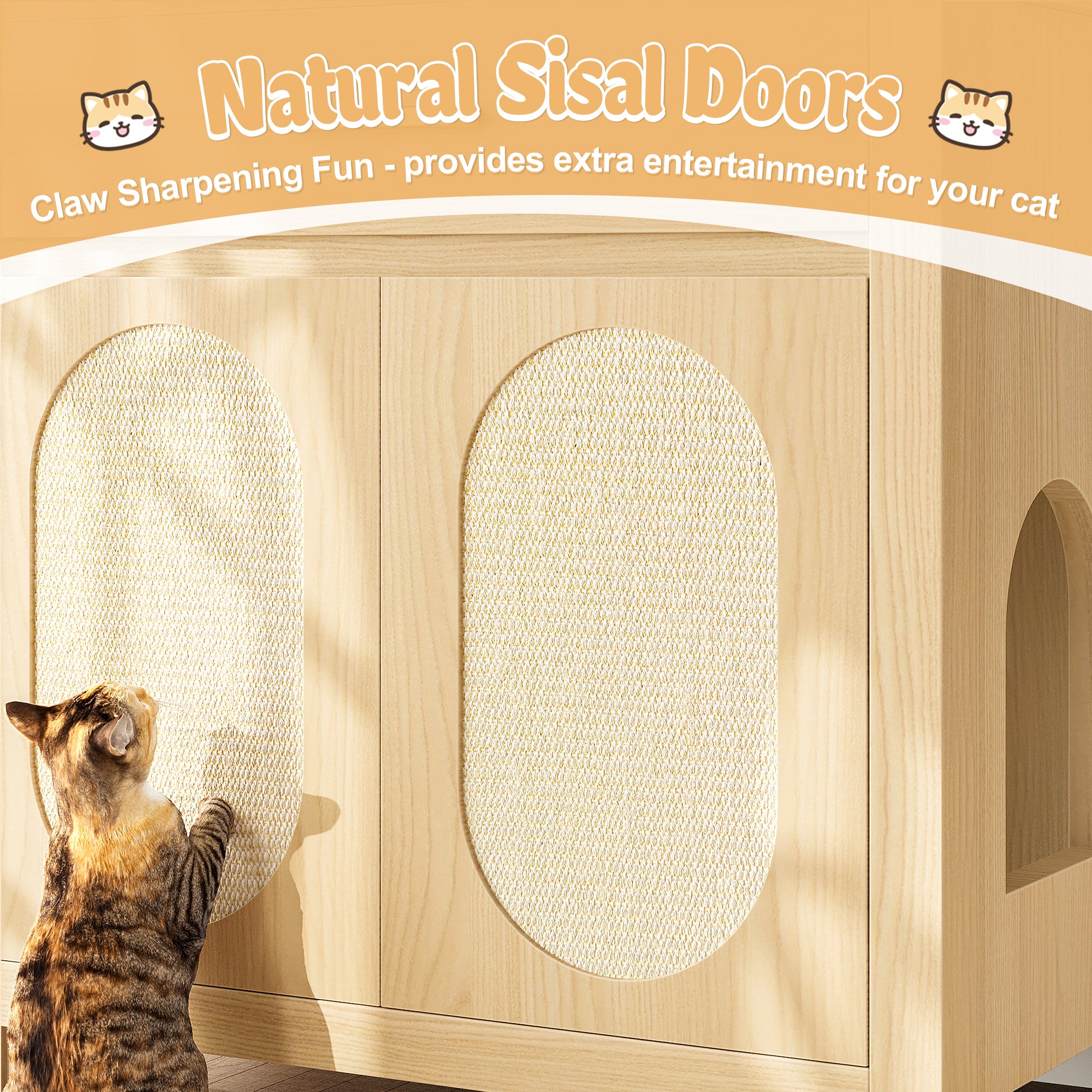 Cat Litter Box Enclosure, Hidden Cat Litter Box Furniture With Scratching Board Doors And Storage Drawer, Wooden Washroom Cat House Table Nightstand Box Cabinet, Natural