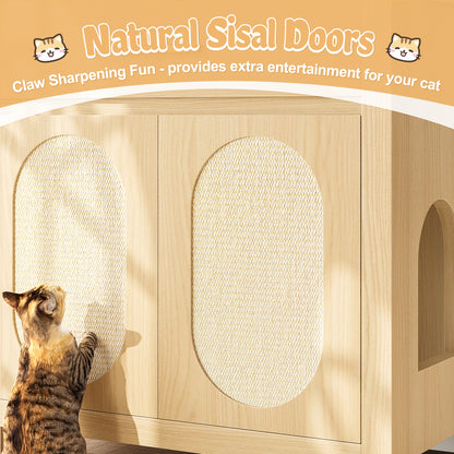 Cat Litter Box Enclosure, Hidden Cat Litter Box Furniture With Scratching Board Doors And Storage Drawer, Wooden Washroom Cat House Table Nightstand Box Cabinet, Natural