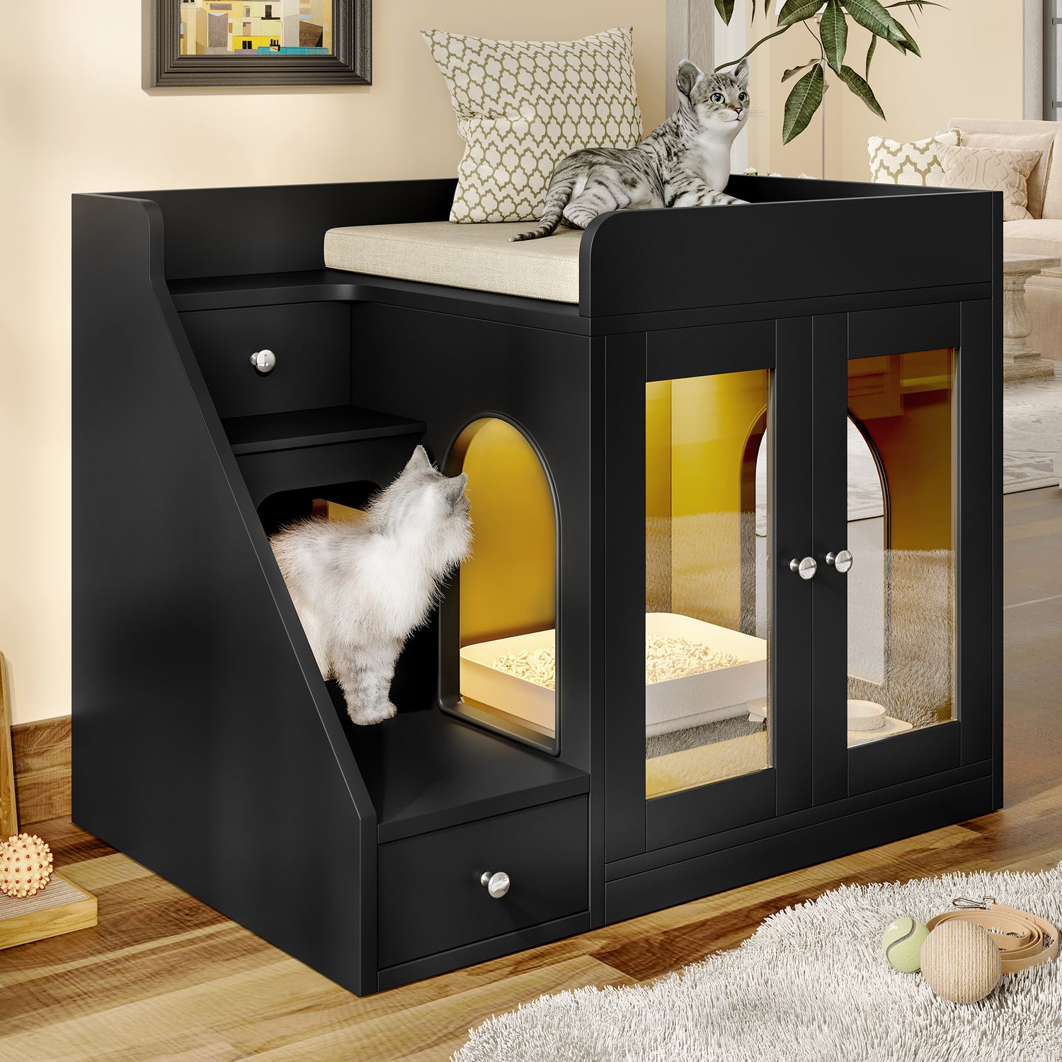 GO Cat Litter Box Enclosure With  Light , Hidden Litter Box Furniture With 2 Storage Drawers, Indoor Cat House Side Table For Living Room, Black
