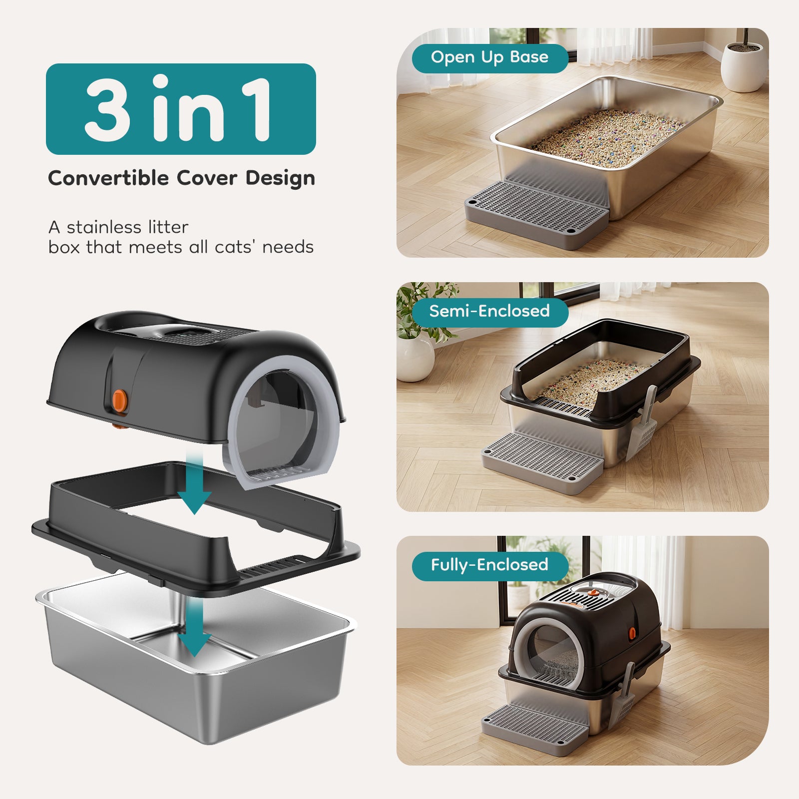 Double-entry Convertible Lid Cat Litter Box