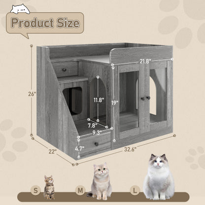 GO Cat Litter Box Enclosure With Light , Hidden Litter Box Furniture With 2 Storage Drawers, Indoor Cat House Side Table For Living Room