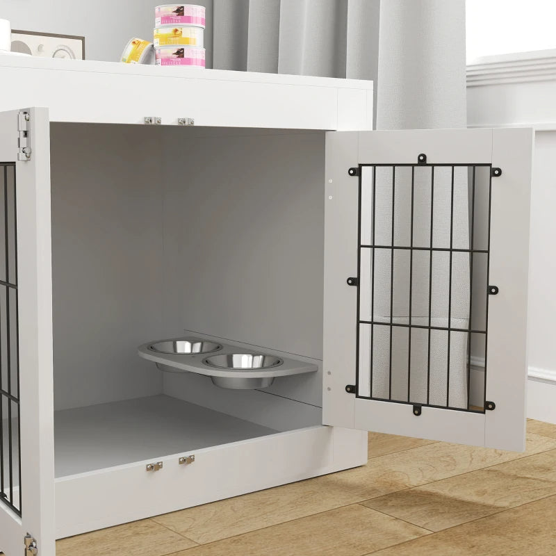 PawHut Dog Crate Furniture With 360 Rotatable Removable Dog Bowls,