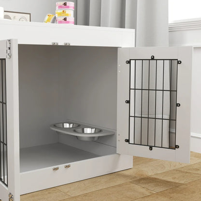 PawHut Dog Crate Furniture With 360 Rotatable Removable Dog Bowls,
