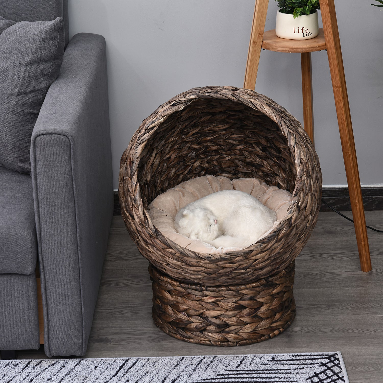 Handwoven Elevated Cat Bed with Rotating Basket and Soft Cushion,