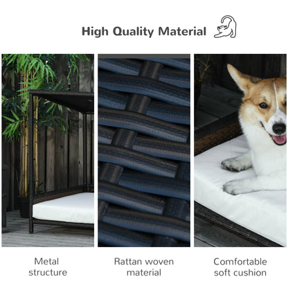 Wicker Dog House Raised Rattan Puppy Bed Cat Shelter for Indoor Outdoor Garden Patio Pet Sofa with Removable Cushion for Medium Sized Pet Brown
