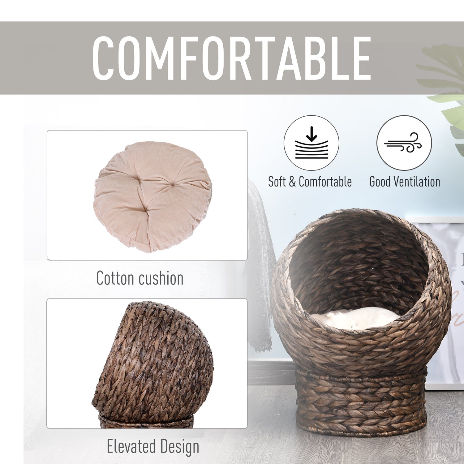 Handwoven Elevated Cat Bed with Rotating Basket and Soft Cushion,