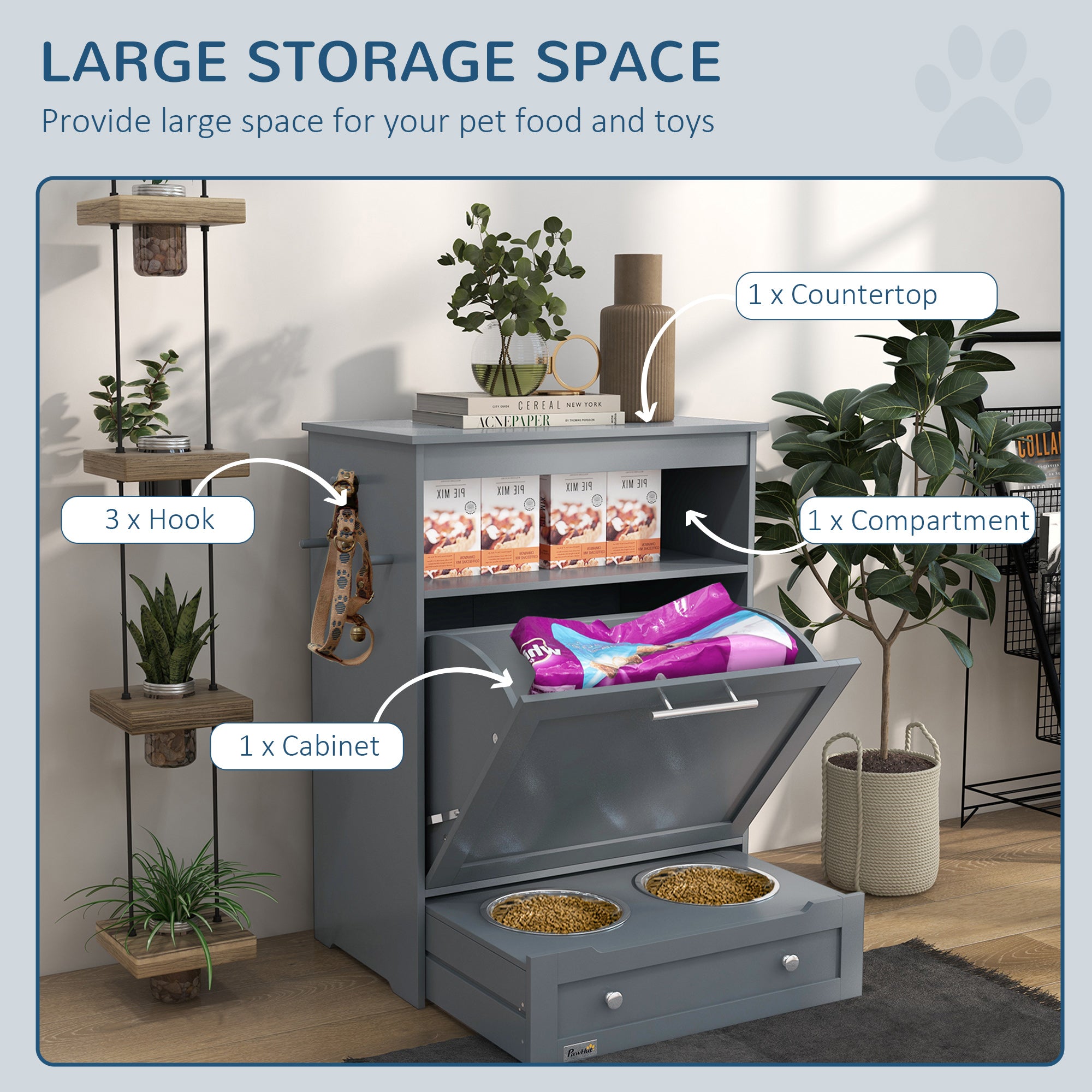 PawHut Pet Feeder Station, Dog, Cat Storage Container, With Raised Bowls,
