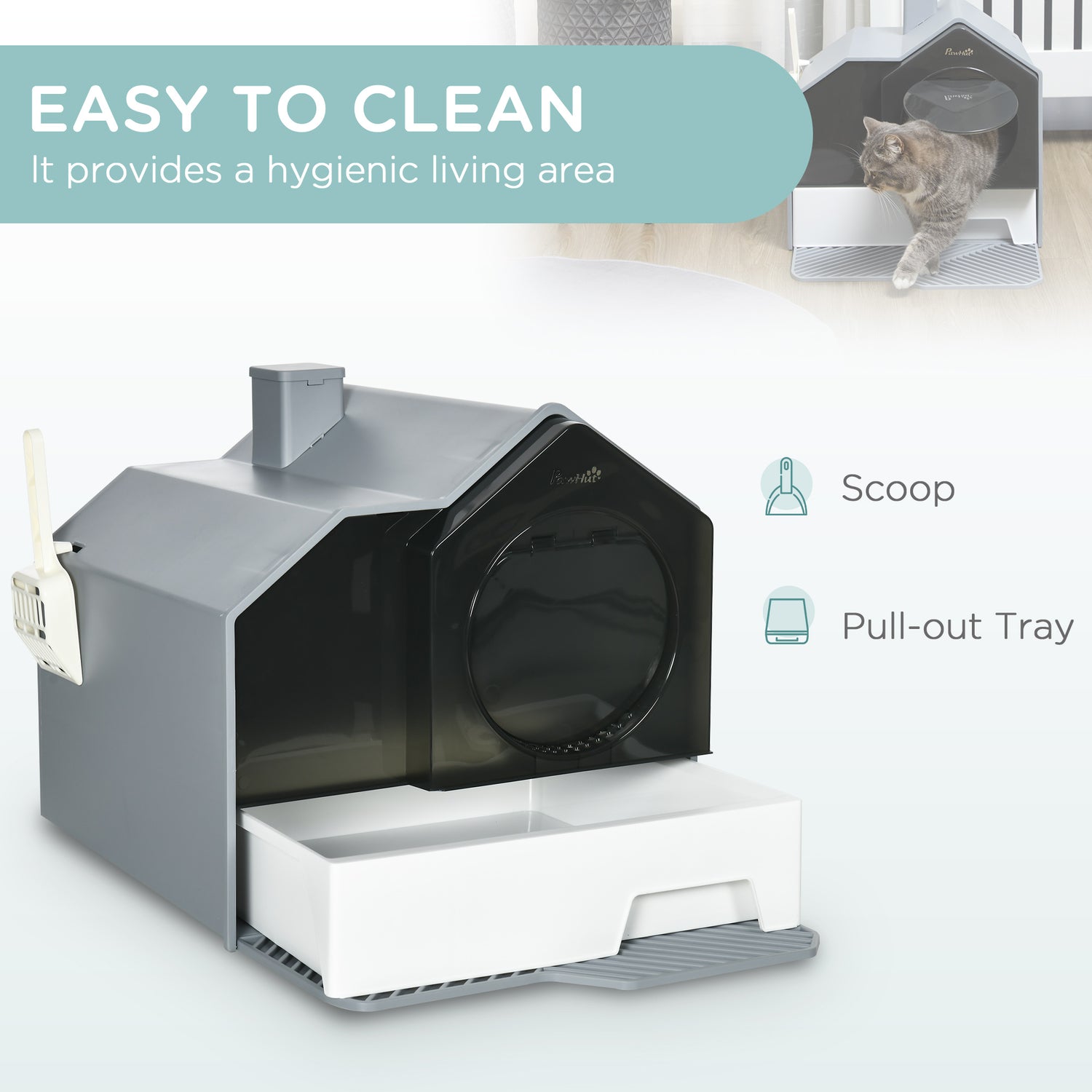Hooded Cat Litter Box w/ Litter Mat, Litter Particle Catching, Gray