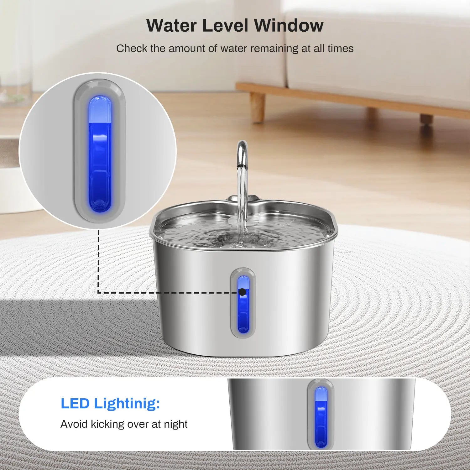 2.2L Stainless Steel Cat Water Fountain with LED Water Level Window, Quiet Drinking Fountain Pet Water Dispenser for Cats & Small Dogs