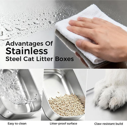 【For Big Cats】Extra Large Stainless Steel Cat Litter Box with Lid XL Enclosed Metal Litter Box for Large Cats, Features High Sidewalls, Removable Cover, Leak-Proof, Non-Stick, Easy to Clean, Beige Color