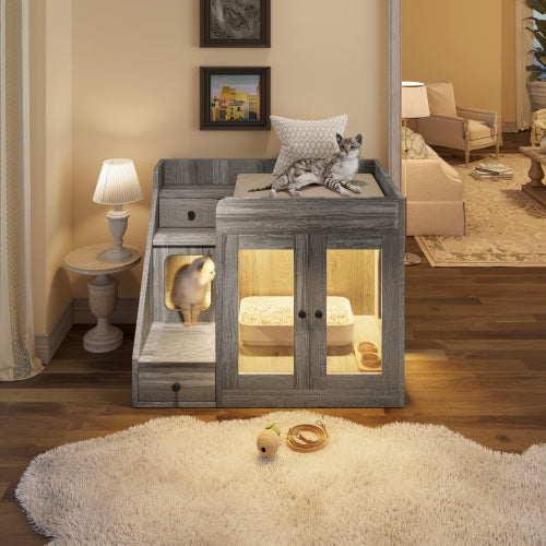 GO Cat Litter Box Enclosure With Light , Hidden Litter Box Furniture With 2 Storage Drawers, Indoor Cat House Side Table For Living Room