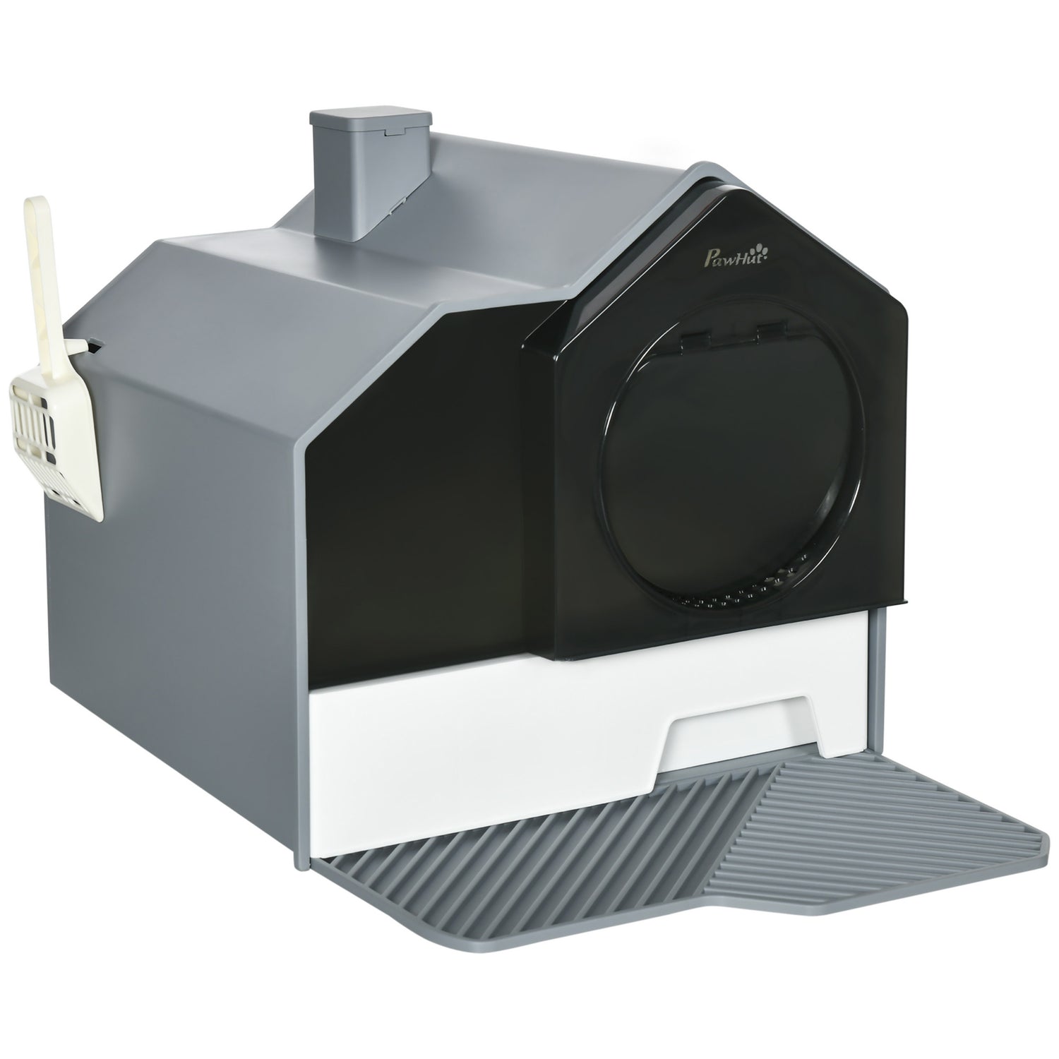 Hooded Cat Litter Box w/ Litter Mat, Litter Particle Catching, Gray