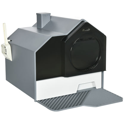 Hooded Cat Litter Box w/ Litter Mat, Litter Particle Catching, Gray