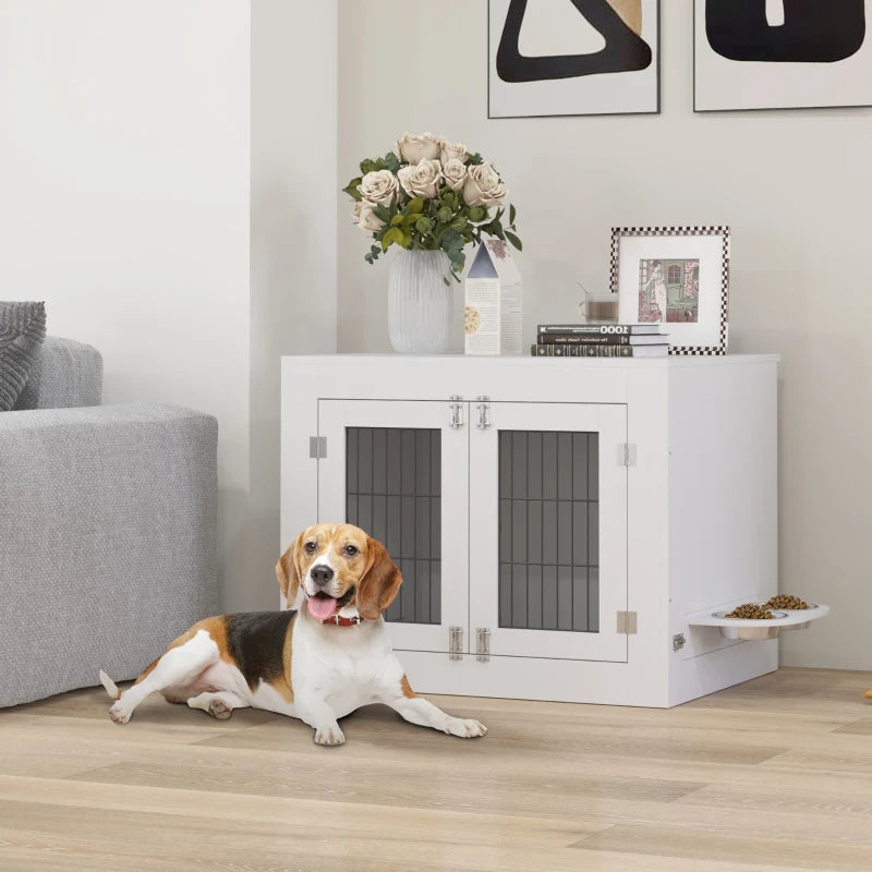 PawHut Dog Crate Furniture With 360 Rotatable Removable Dog Bowls,