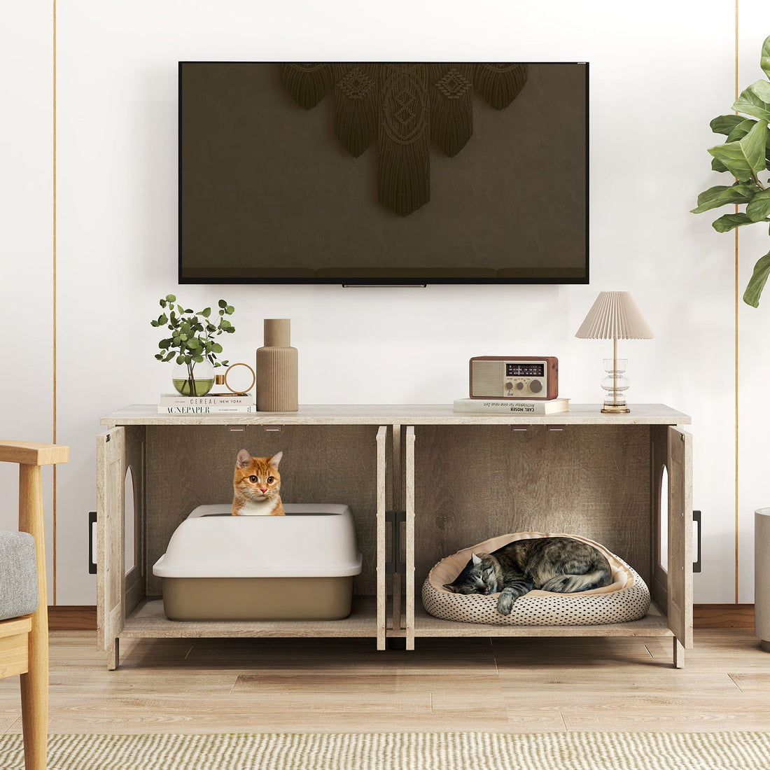 Cat Litter Box Enclosure for 2 Cats Modern Kitty Litter Box Furniture Hidden