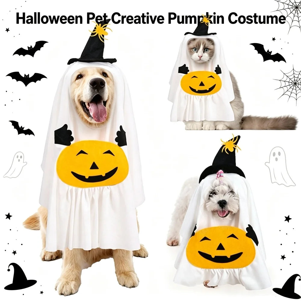 Halloween Pet Costume Ghost Pumpkin with Witch Hat And Candy Pocket Cute Cosplay Clothes for Small Medium Large Dogs And Cats