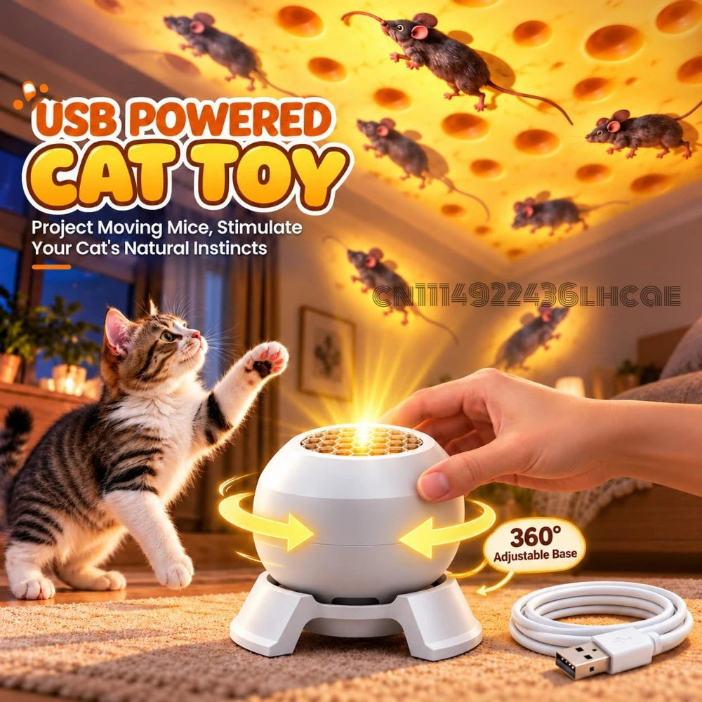 Rotating Cat Projector, 360° Moving Mouse Toy for Indoor Cats, USB Powered Interactive moving mouse projection for indoor cats