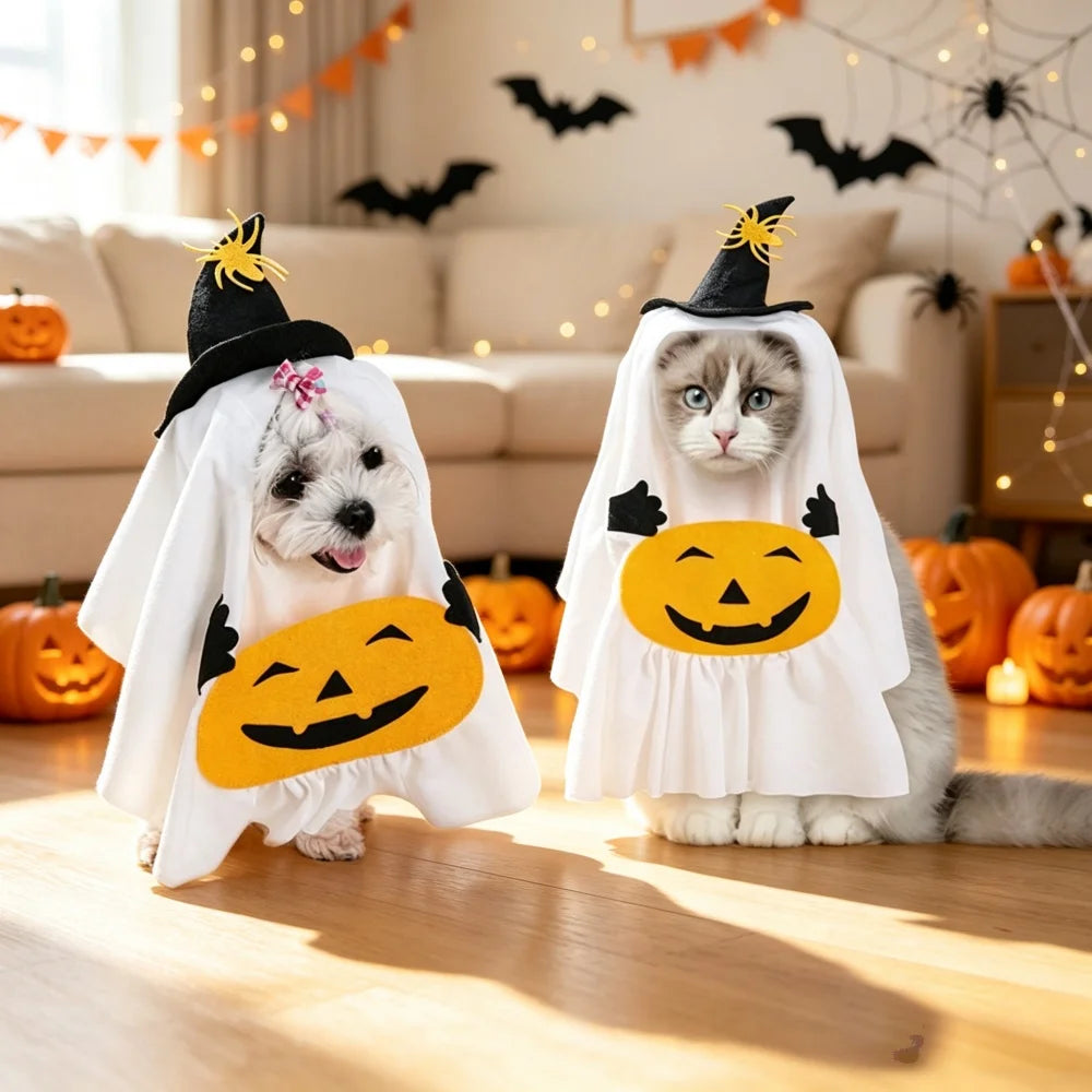 Halloween Pet Costume Ghost Pumpkin with Witch Hat And Candy Pocket Cute Cosplay Clothes for Small Medium Large Dogs And Cats