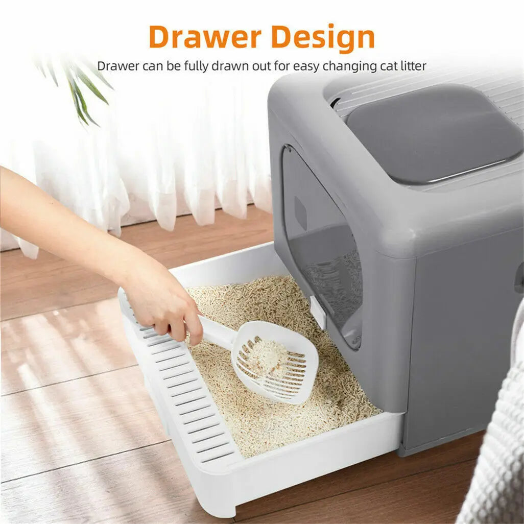 Foldable Enclosed Cat Litter Box with Sifting Tray &amp; Scoop - Top and Front Entry Kitten Toilet