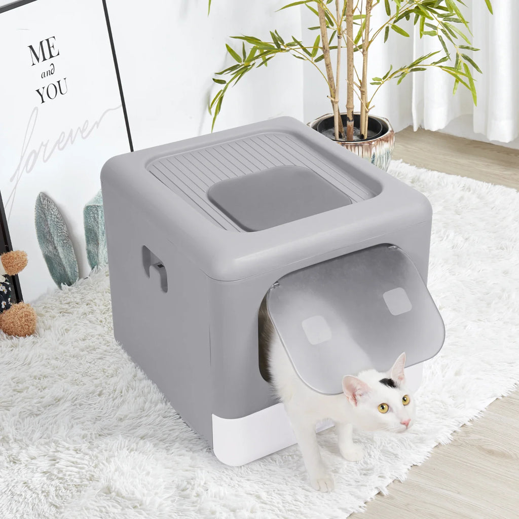 Foldable Enclosed Cat Litter Box with Sifting Tray & Dual Entry