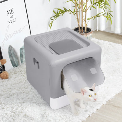 Foldable Enclosed Cat Litter Box with Sifting Tray &amp; Scoop - Top and Front Entry Kitten Toilet