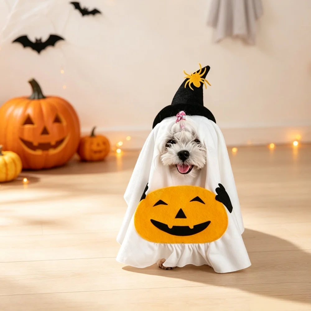 Halloween Pet Costume Ghost Pumpkin with Witch Hat And Candy Pocket Cute Cosplay Clothes for Small Medium Large Dogs And Cats