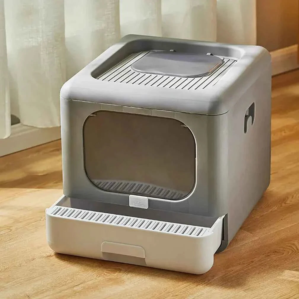 Foldable Enclosed Cat Litter Box with Sifting Tray &amp; Scoop - Top and Front Entry Kitten Toilet