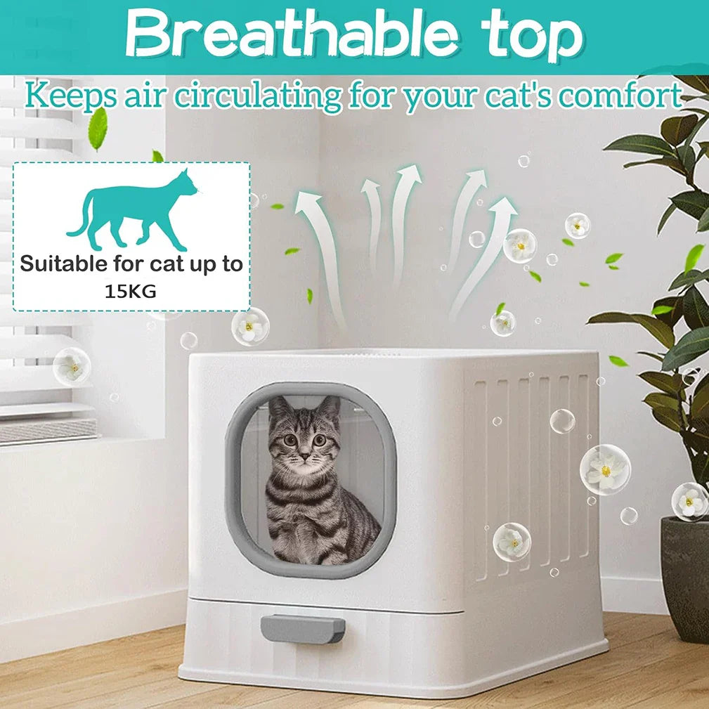 Leak-Proof Enclosed Cat Litter Box with Drawer & Scoop