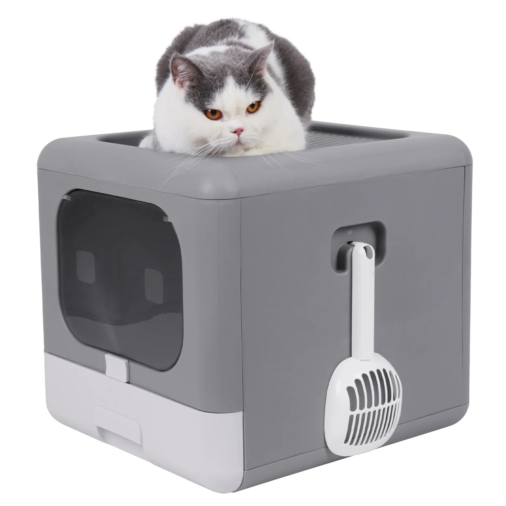Foldable Enclosed Cat Litter Box with Sifting Tray &amp; Scoop - Top and Front Entry Kitten Toilet