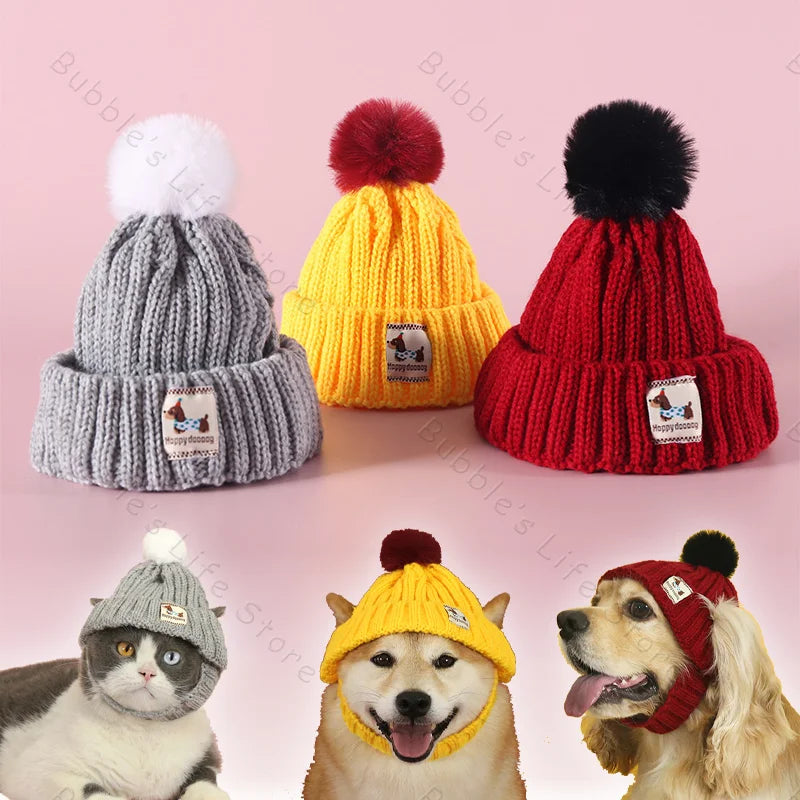 Knitted Dog Hat with Pom Pom Ear Exposed Winter Windproof Pet Cap Warm Knit Puppy Clothing for Small Dogs Christmas Photo Props