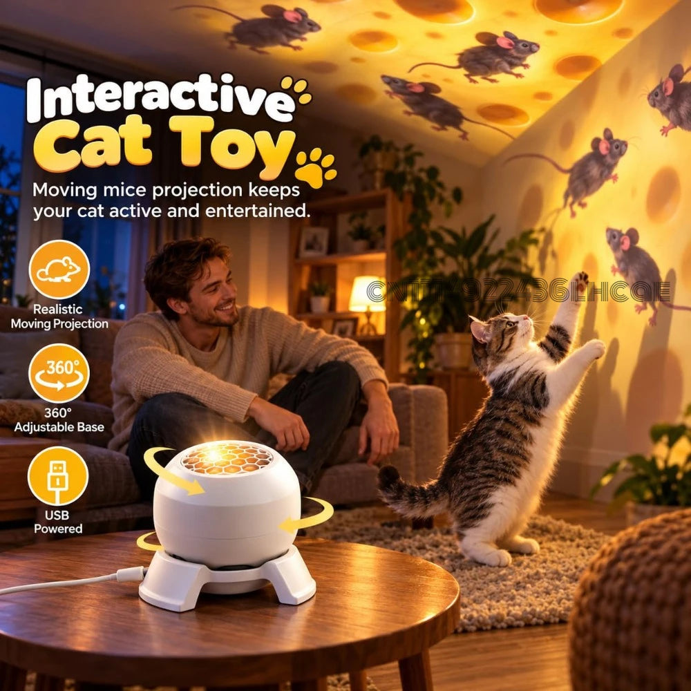Rotating Cat Projector, 360° Moving Mouse Toy for Indoor Cats, USB Powered Interactive moving mouse projection for indoor cats