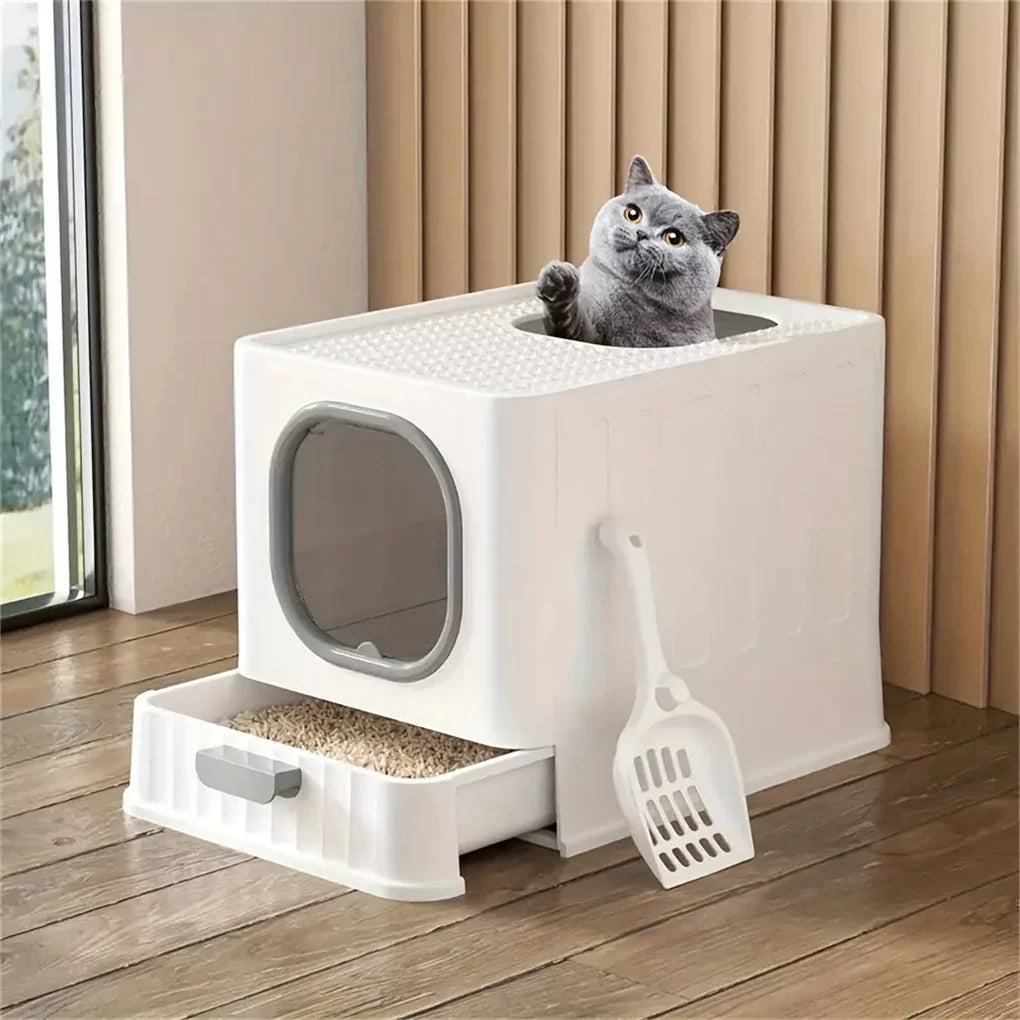 Leak-Proof Enclosed Cat Litter Box with Drawer & Scoop
