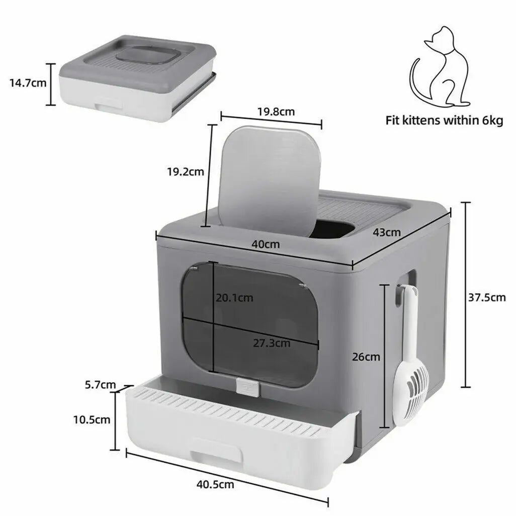 Foldable Enclosed Cat Litter Box with Sifting Tray &amp; Scoop - Top and Front Entry Kitten Toilet