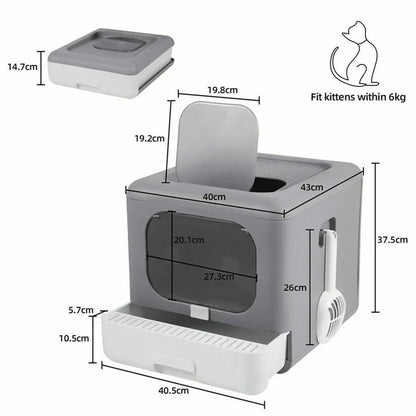 Foldable Enclosed Cat Litter Box with Sifting Tray &amp; Scoop - Top and Front Entry Kitten Toilet
