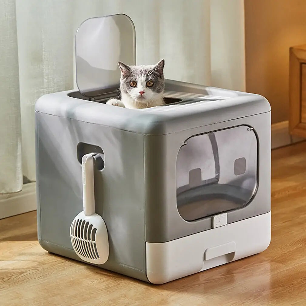 Foldable Enclosed Cat Litter Box with Sifting Tray &amp; Scoop - Top and Front Entry Kitten Toilet